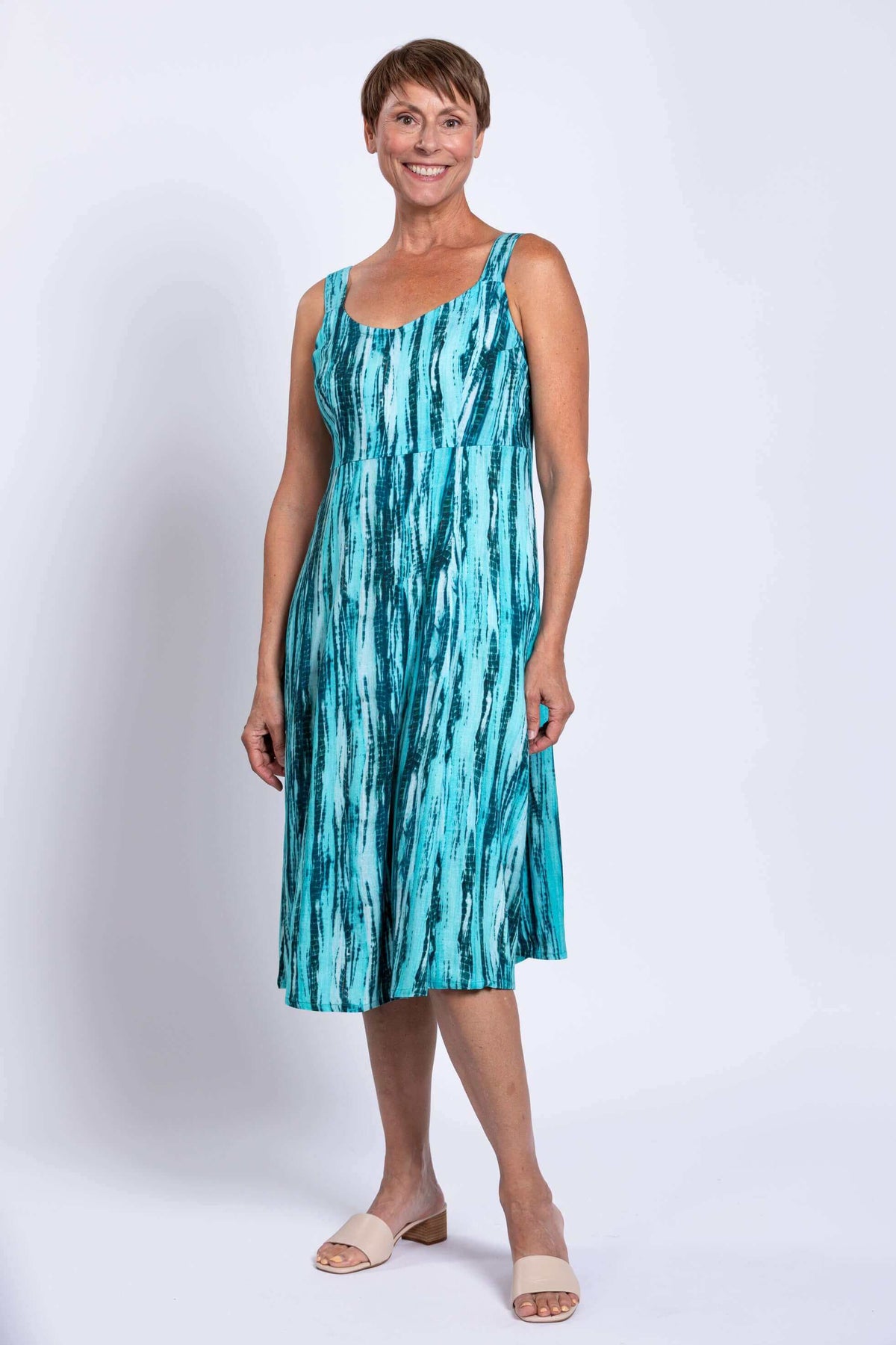Front view of sleeveless aqua streak bamboo-linen dress with A-line silhouette