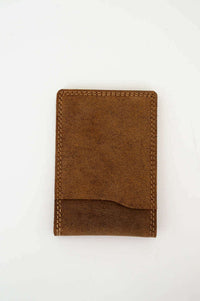 Front view of slim brown buffalo leather wallet