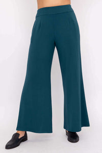 Front view of teal wide leg bamboo pants
