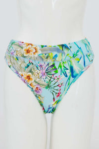 Front view of high rise bamboo thong underwear with colorful tropical floral print