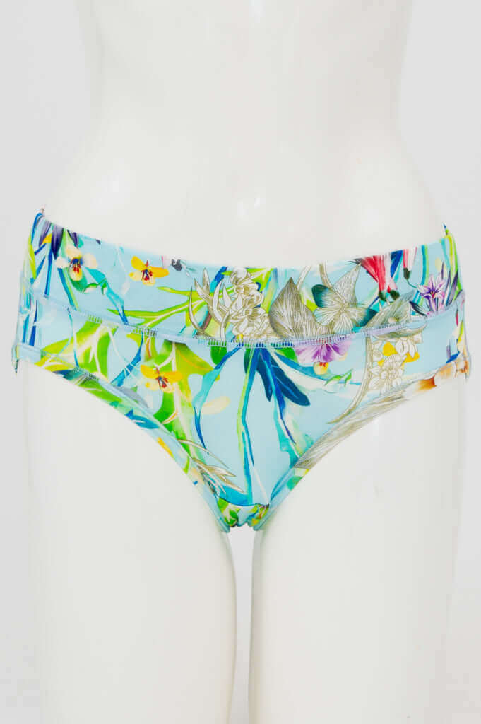 Front view of hipster underwear in a blue tropical floral print on a mannequin