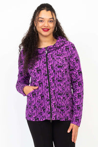 Front view of woman wearing a violet abstract print fitted hoodie with zipper