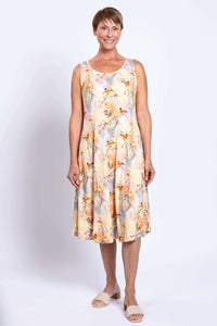 Front view of woman in Birds of Paradise bamboo tank dress