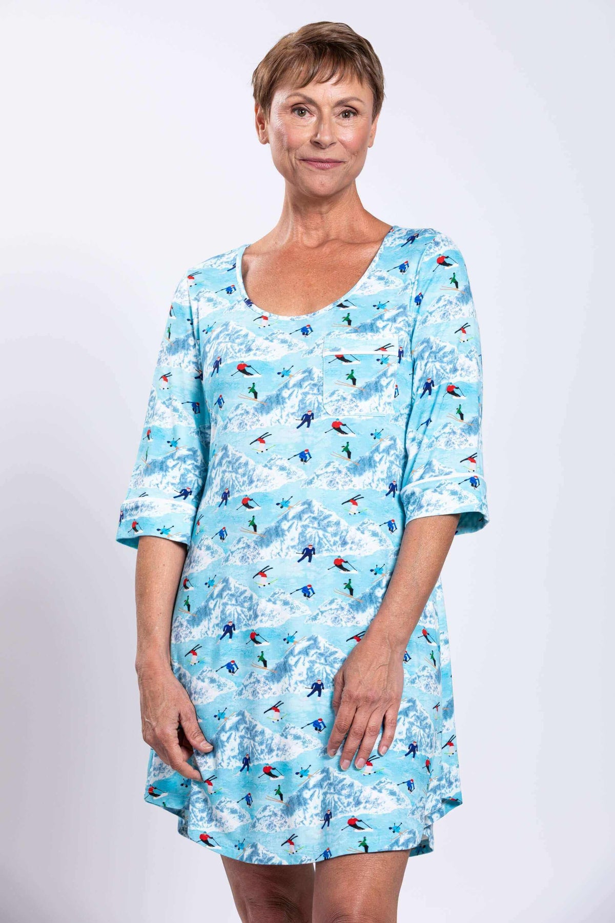 Front view of woman wearing blue patterned bamboo sleepshirt with 3/4 sleeves
