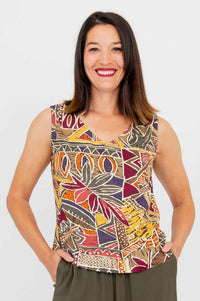 Front view of a woman wearing a colorful patterned Bamboo Linen tank top