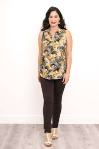 Woman in gold and gray swirl print sleeveless tank, standing with hands relaxed, front view