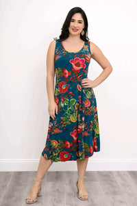 Front view of a woman in a teal floral tank dress with flattering A-line silhouette