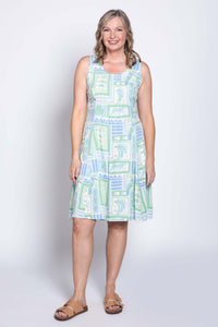 Front view of woman wearing a sleeveless patterned Arden dress with a relaxed fit