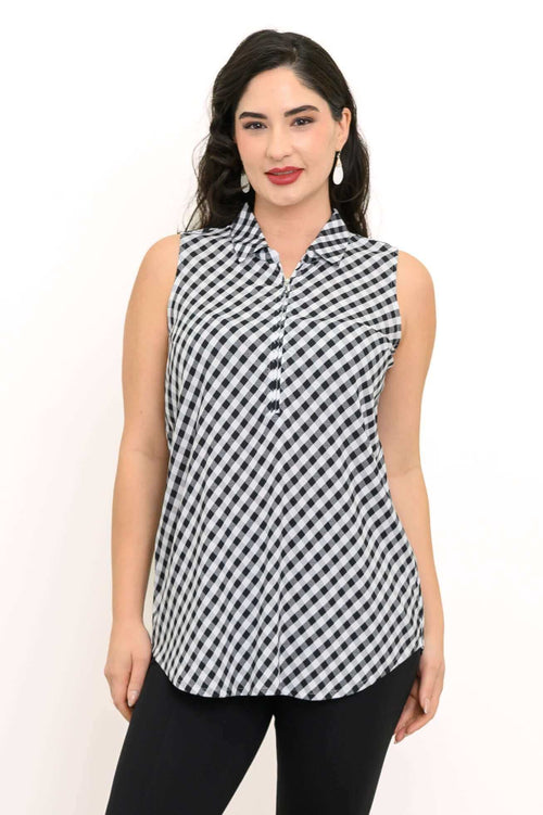 Front view of woman wearing sleeveless black and white gingham tank top