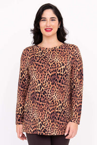 Front view of woman wearing a leopard print long sleeve tunic top