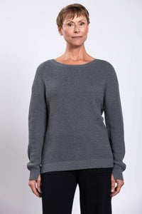 Front view of woman wearing gray shaker stitch cotton sweater