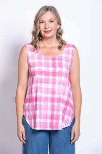 Front view of woman wearing pink plaid sleeveless tank top