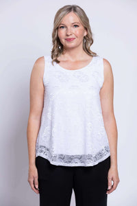 Front view of woman wearing sleeveless white lace tank top