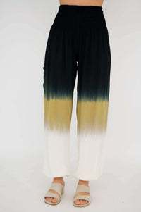 Full frontal view of Embra ombre pants highlighting gathered elastic waistband