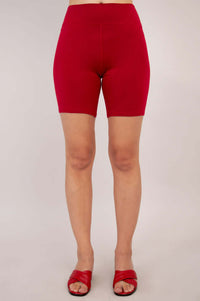 Full frontal view of Hallie Bamboo Shorts in ruby on model