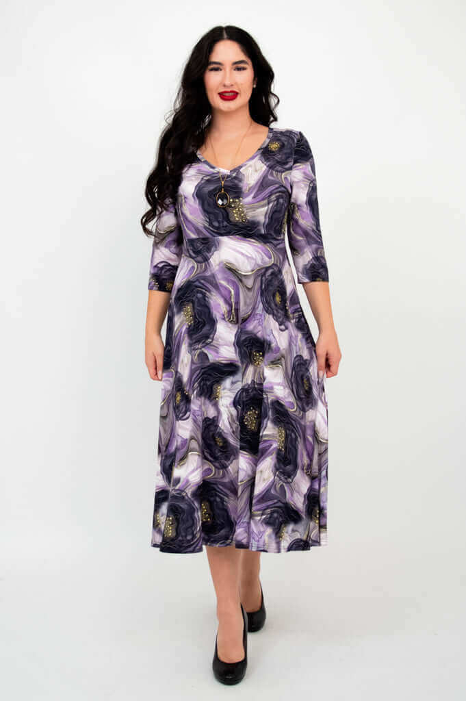 Full-body front view of the Soul Dress in Amethyst Marble on a model