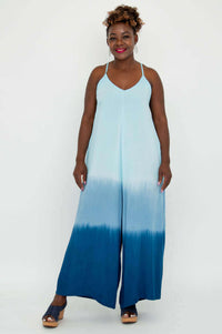 Full-length front shot of blue ombre jumpsuit with adjustable straps