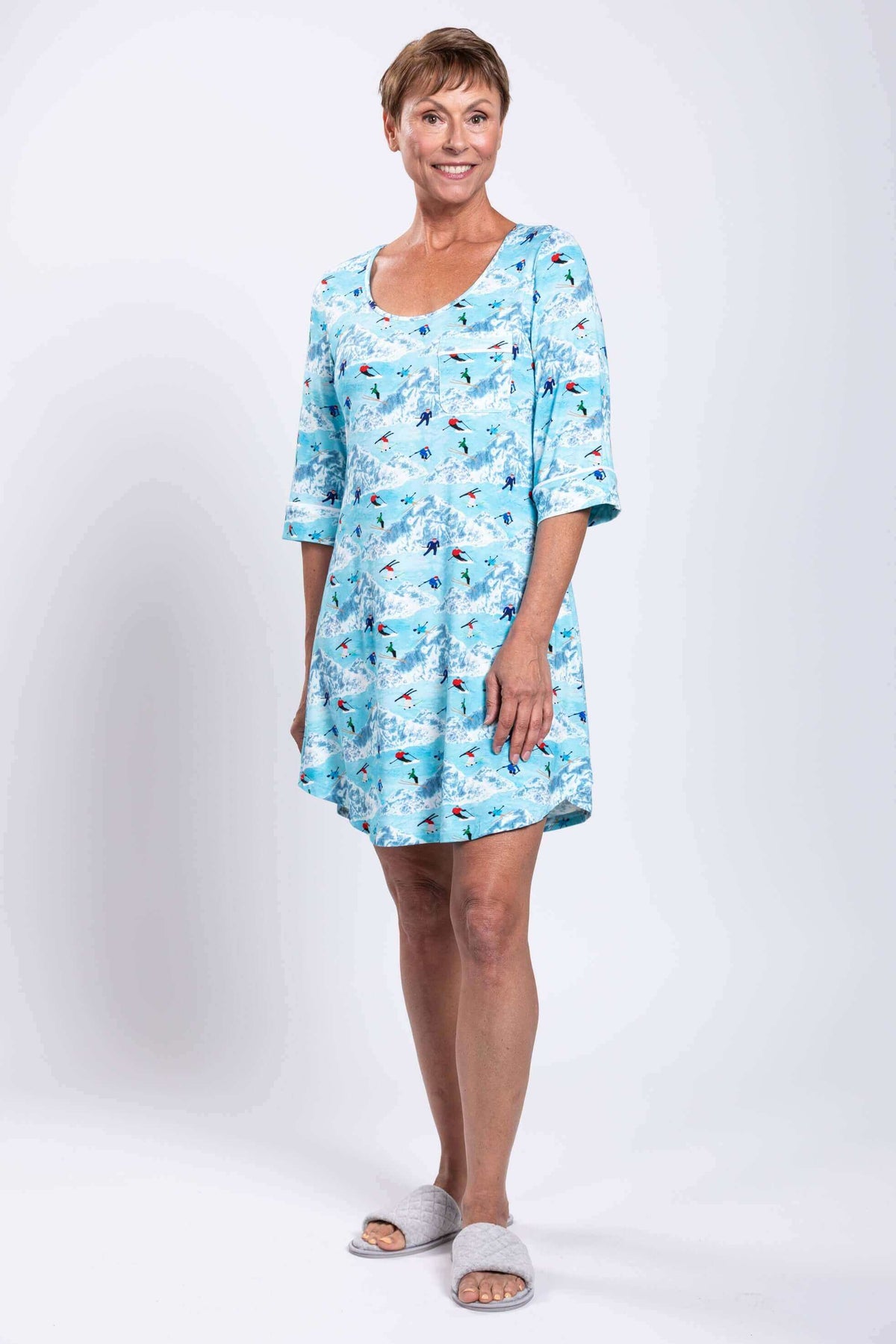 Woman in full-length shot showcasing Starlight bamboo sleepshirt