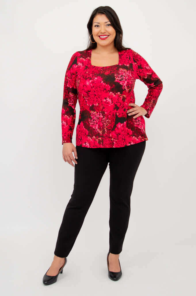 Full body view of model in Marissa Crimson Bloom tunic and black pants