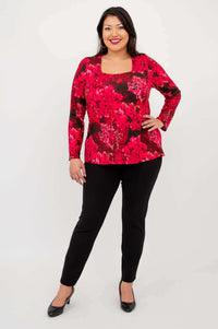 Full body view of model in Marissa Crimson Bloom tunic and black pants