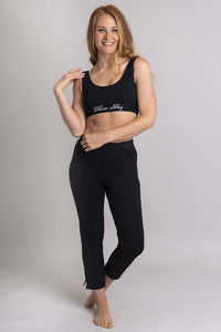 Full body shot of woman in Blue Sky black comfort bra and pants