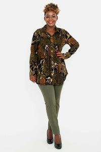 Full body front view of model in Cindy safari print tunic and olive pants