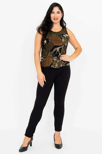 Full body front view, model in sleeveless patterned tank top and black pants