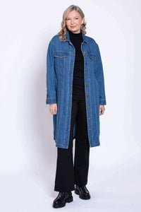 Full body straight pose of model in Geraldine longline denim jacket
