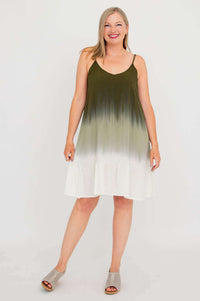 Full front pose showing olive ombre dress with adjustable straps