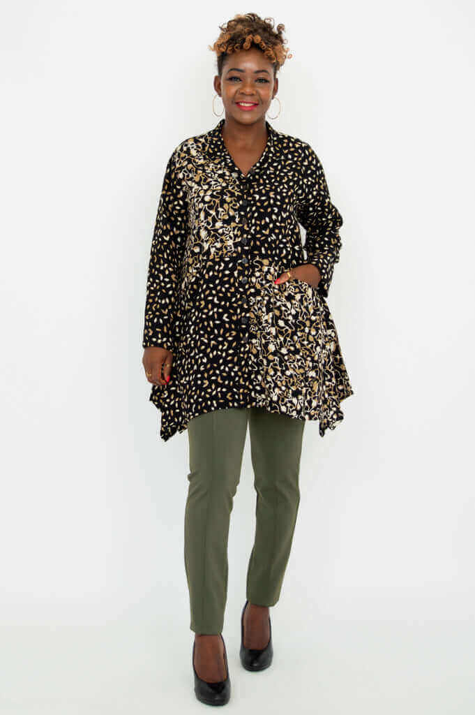 Full front view of model wearing Laney Blouse – Black Gold Abstract