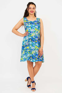 Full front view of Sara blue floral summer dress on model
