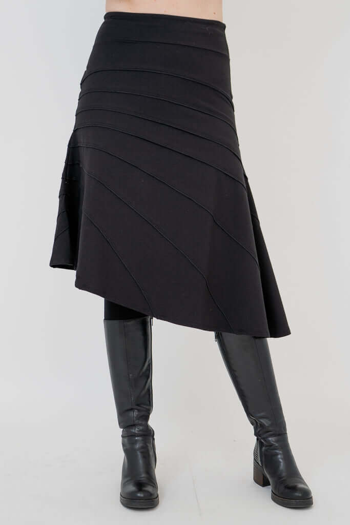 Full front view of Beverly skirt showcasing asymmetrical design and comfortable fit