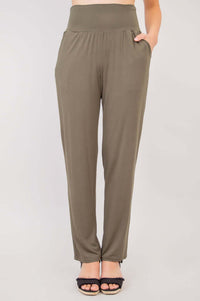 Full front view of Clair bamboo pants with tapered leg and relaxed fit