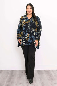 Full front view of model in Laney Blouse and black pants, standing