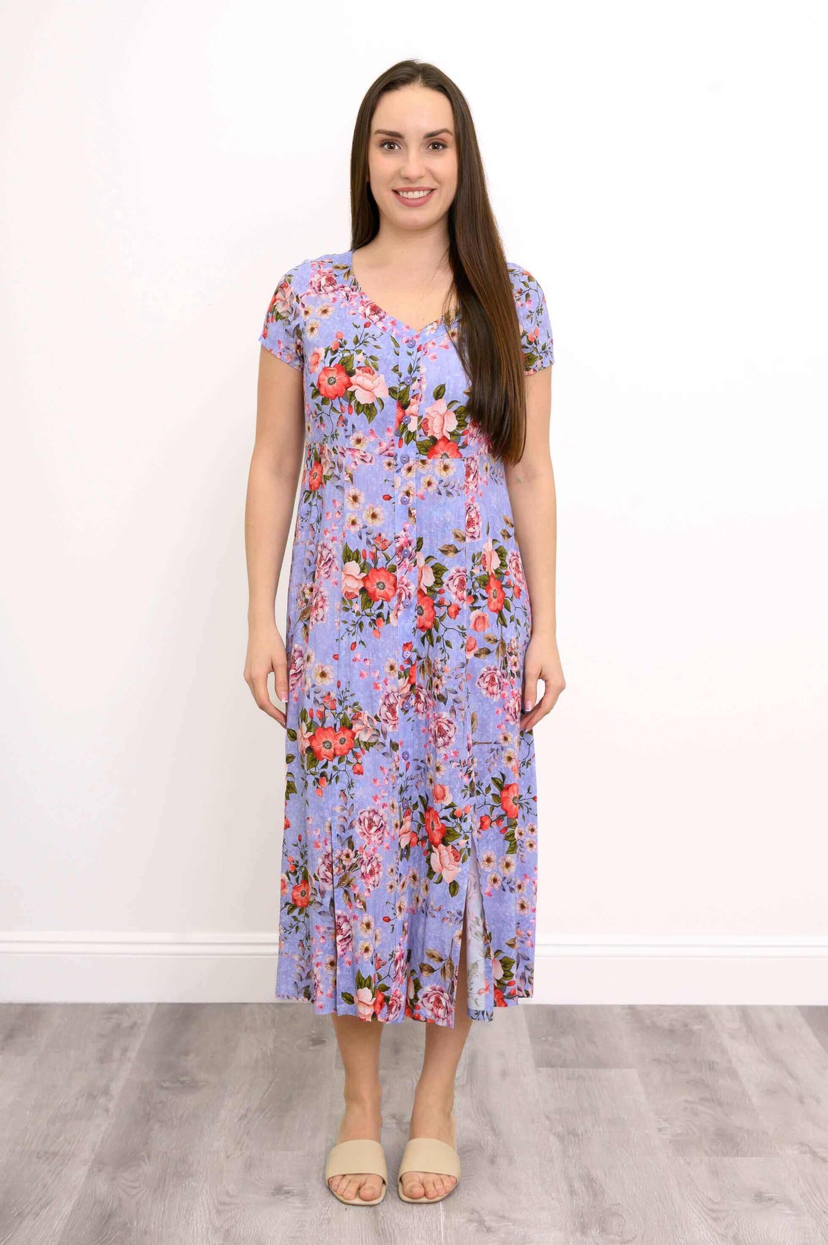 Full front view of Morgan floral midi dress with short sleeves and skirt panels