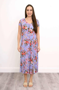 Full front view of Morgan floral midi dress with short sleeves and skirt panels