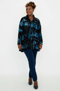 Full front view of woman in Peruva flowy top and navy pants