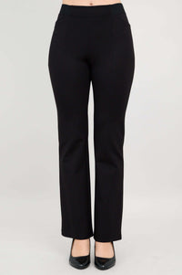 Full front view of tailored black flare pants on model