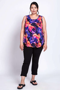 Full front view of model in Jazz Tank Violet Aura and black pants