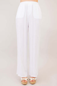 Full front view of white linen-bamboo pants with elastic waistband