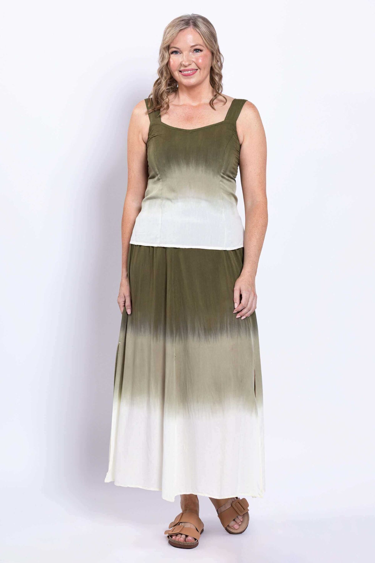 Full front view of woman modeling olive ombre maxi skirt