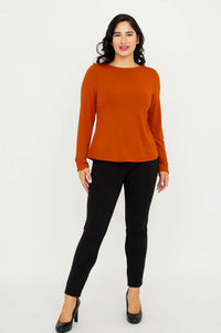 Full body front view of model in Mona Bamboo French Terry Tee paired with black pants