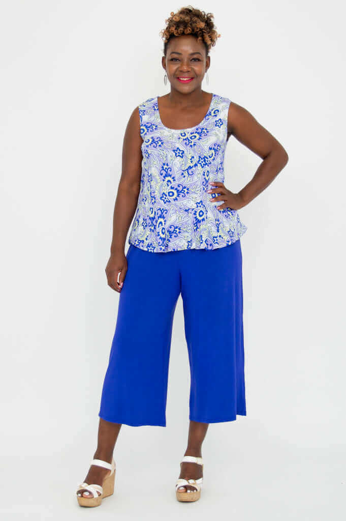 Full body view of model in blue paisley Ginny Tank and cobalt culottes