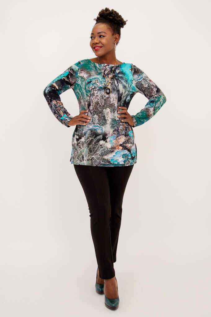 Model showing full outfit with cheerful bamboo top and black slim pants