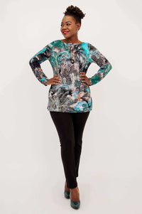 Model showing full outfit with cheerful bamboo top and black slim pants