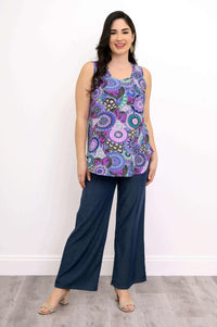 Full length view of woman in purple Jazz bamboo tank top and wide leg jeans