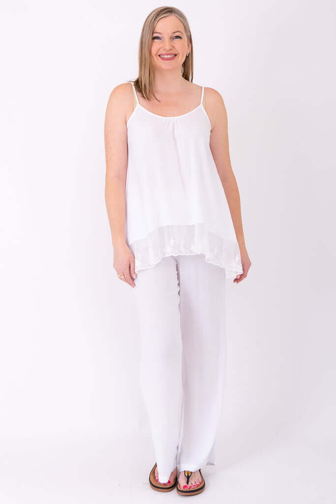 Full front view of model in white Chantilly Lace Tank and matching pants