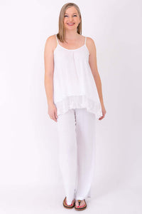 Full front view of model in white Chantilly Lace Tank and matching pants