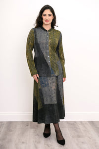 Two-piece coordinated bamboo knit outfit featuring a printed top and matching midi skirt, front-facing view.