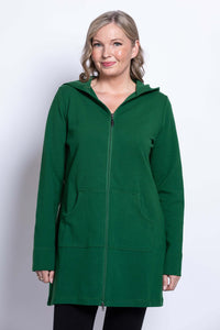 Woman wearing a green hooded jacket with front zipper and pockets, close up